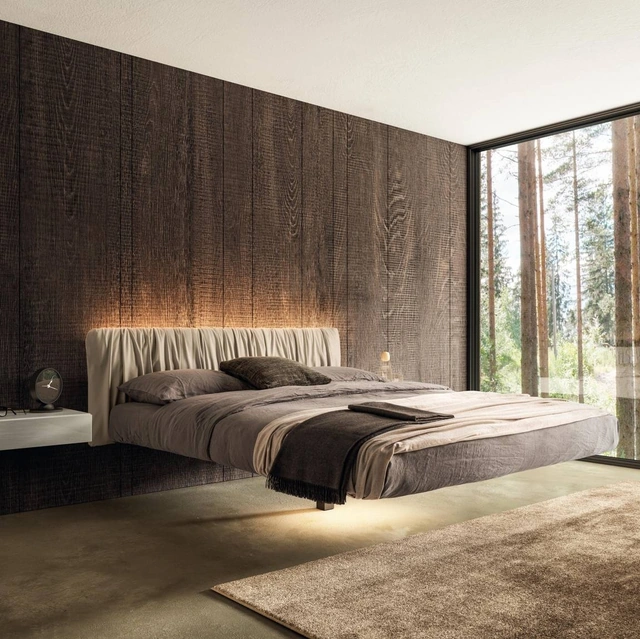 Letto sospeso Fluttua 1631 con testiera in pelle plissettata di Lago