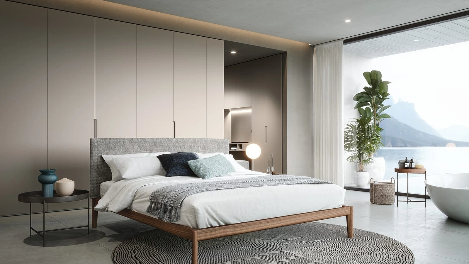 Letto Neos in noce canaletto con testiera rivestita in tessuto di Novamobili