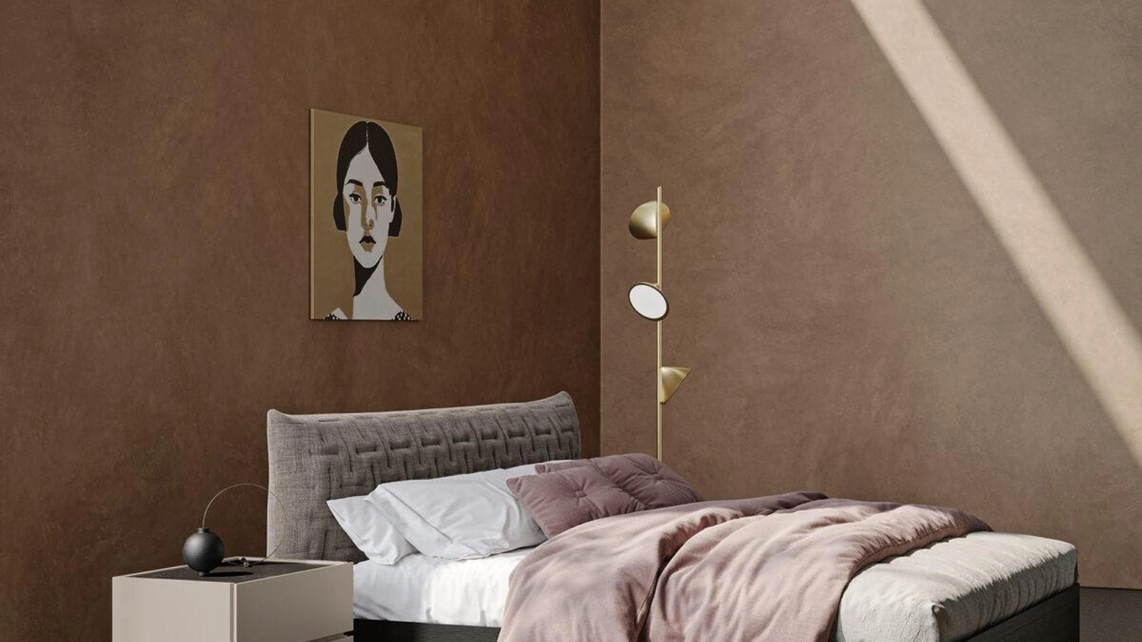 Letto in Rovere con testiera in tessuto imbottito e trapuntato Tender di Morassutti