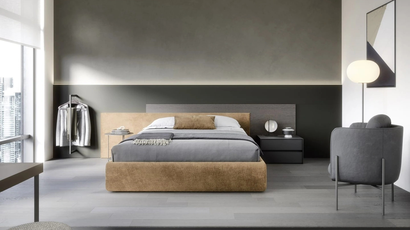 Letto con contenitore Testiera Time in tessuto imbottito e legno di Novamobili
