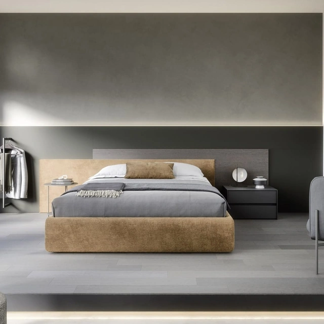 Letto con contenitore Testiera Time in tessuto imbottito e legno di Novamobili