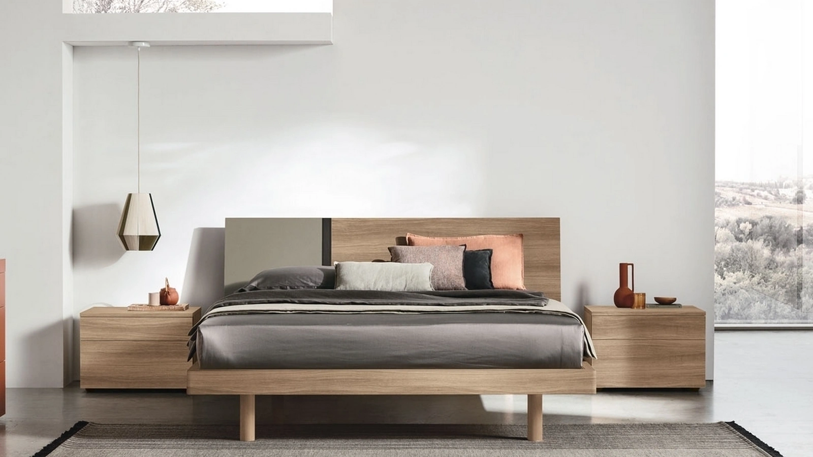 Letto con testiera Ken in materico noce ambra di Tomasella