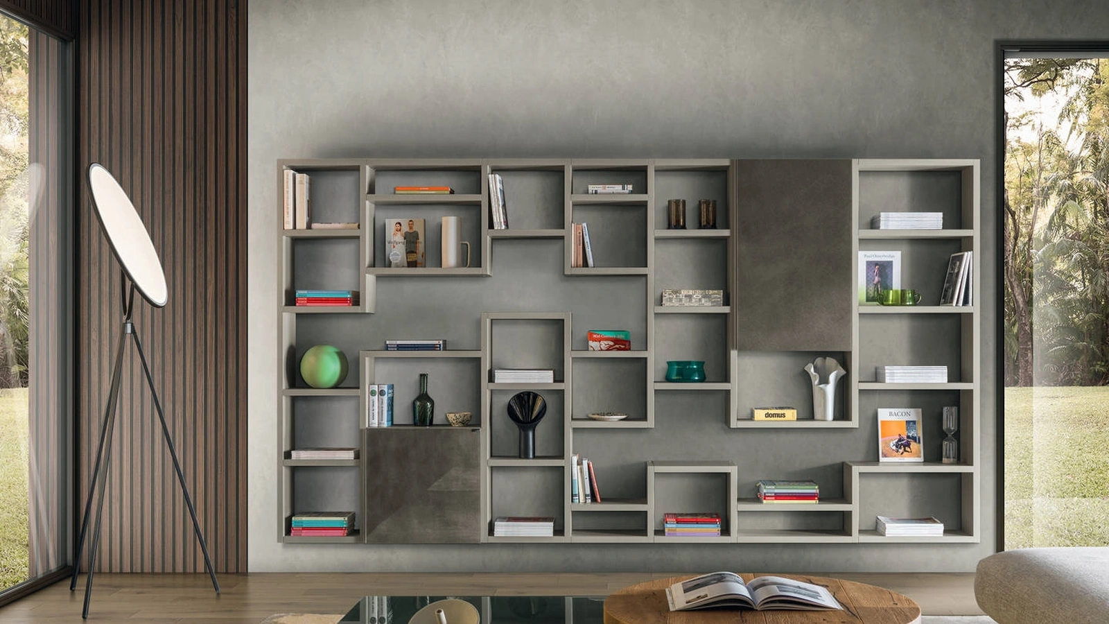 Libreria sospesa 30mm 0912 in laccato e vetro di Lago