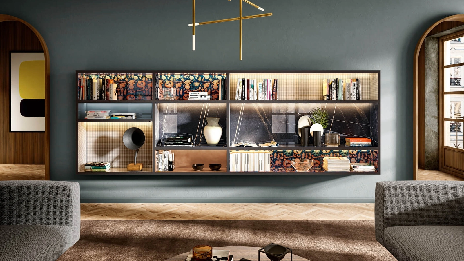 Libreria 30mm Sospesa in laccato opaco e vetro di Lago