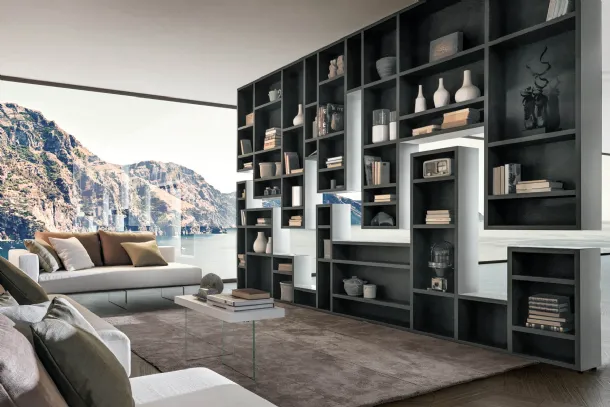 Libreria divisoria di design 30mm Weightless in parte sospesa al soffitto e in parte appoggiata a terra di Lago