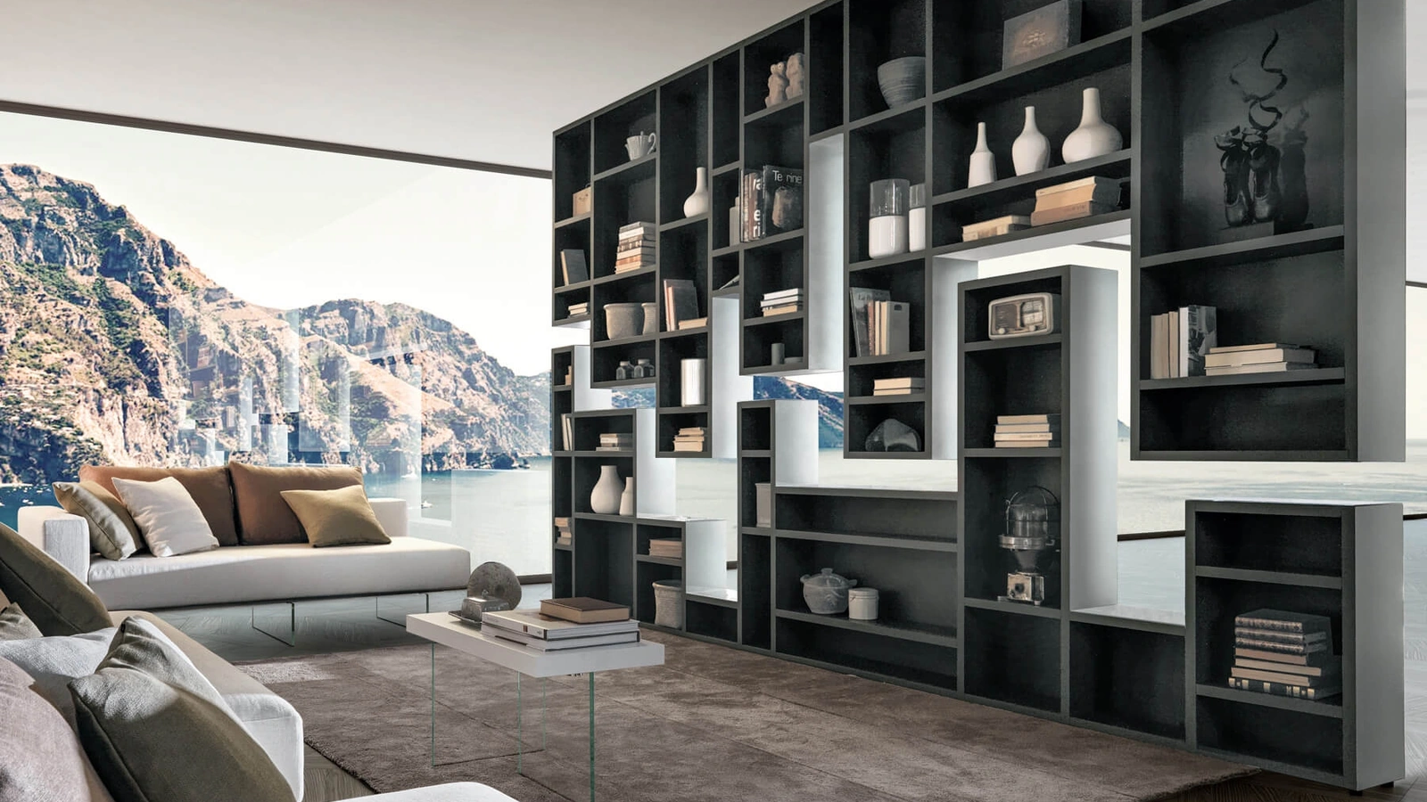 Libreria divisoria di design 30mm Weightless in parte sospesa al soffitto e in parte appoggiata a terra di Lago