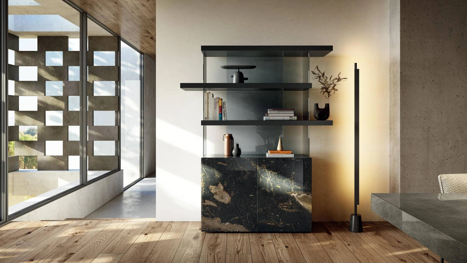 Libreria Air 1464 in vetro effetto marmo e laccato di Lago