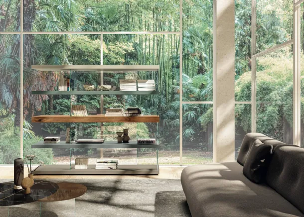 Libreria divisoria Air 1465 in laccato e legno con supporti in vetro di Lago