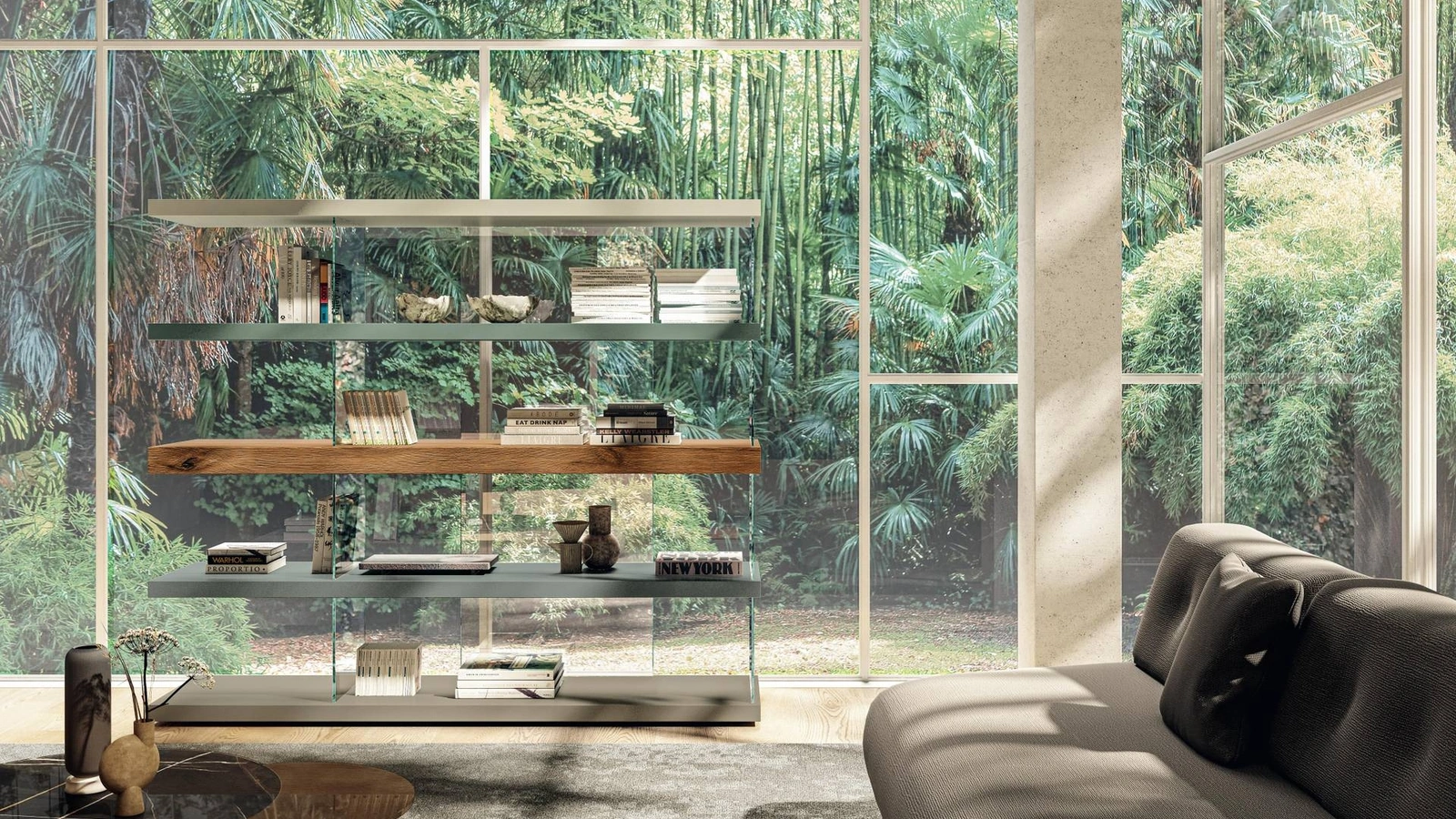 Libreria divisoria Air 1465 in laccato e legno con supporti in vetro di Lago