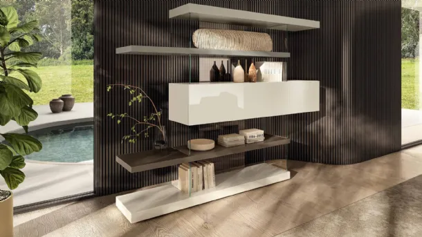 Libreria divisoria bifacciale Air 1467 in laccato e vetro di Lago