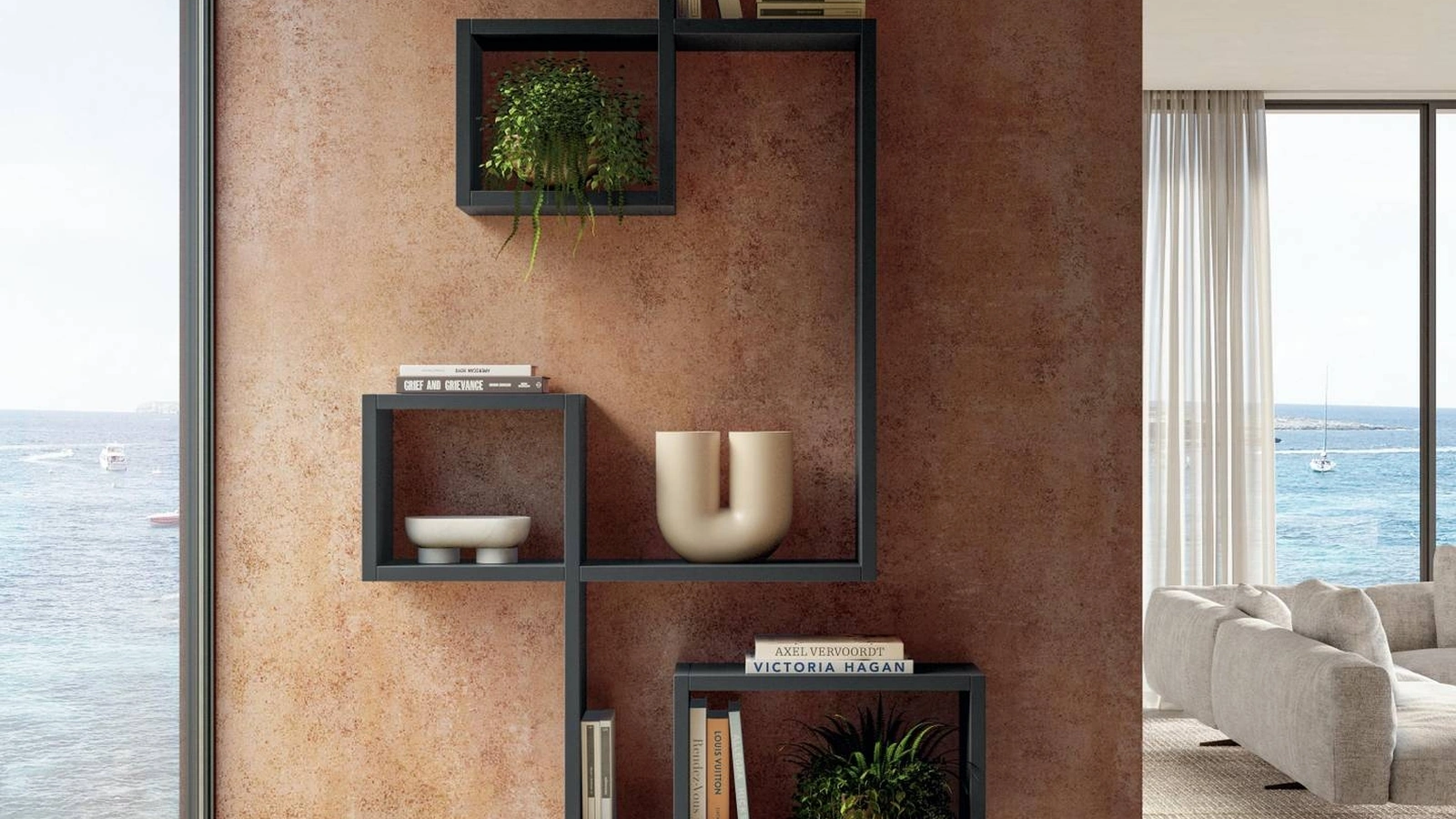 Libreria di design a muro LagoLinea in laccato opaco di Lago