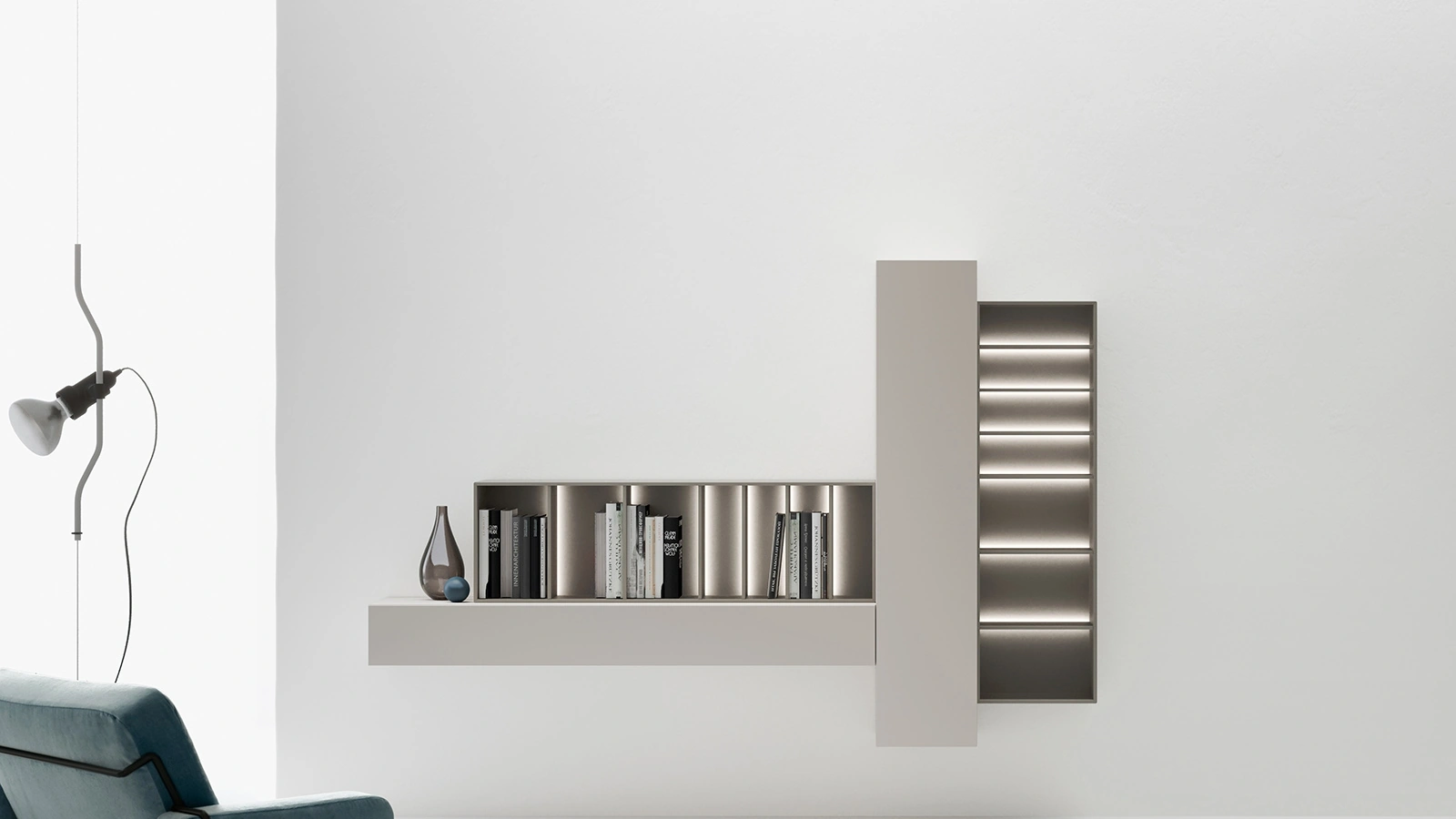 Libreria di design sospesa caratterizzata da moduli orizzontali e verticali aperti e chiusi che si intrecciano di Caccaro