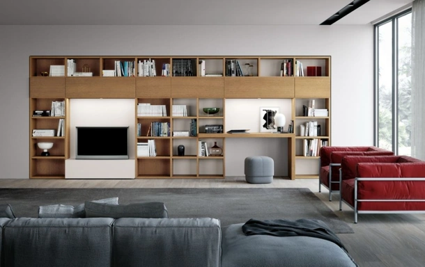 Libreria Logic 07 in rovere avana e laccato bianco opaco di Morassutti