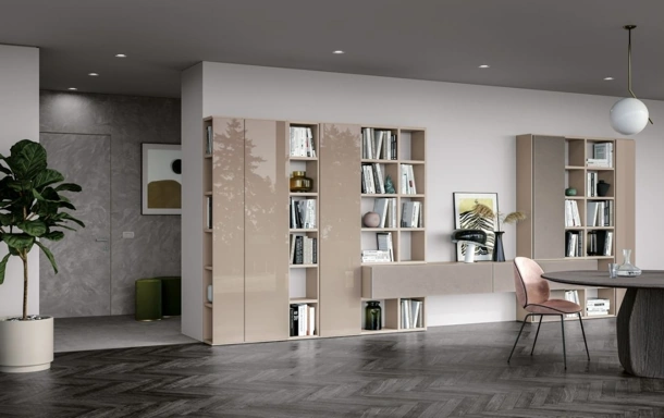 Libreria Logic 02 in laccato perla lucido e opaco e ecomalta grigio cemento di Morassutti
