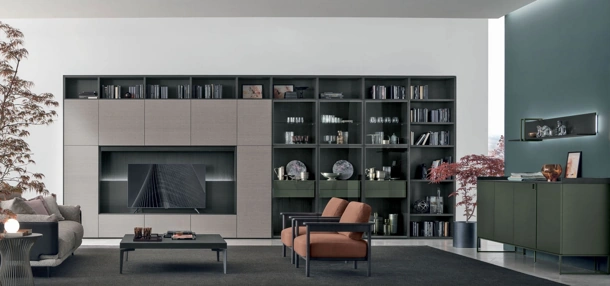Libreria Atlante UNIT AT201 in materico alpaca, materico rovere carbone e rovere carbone canettè, laccato bosco di Tomasella