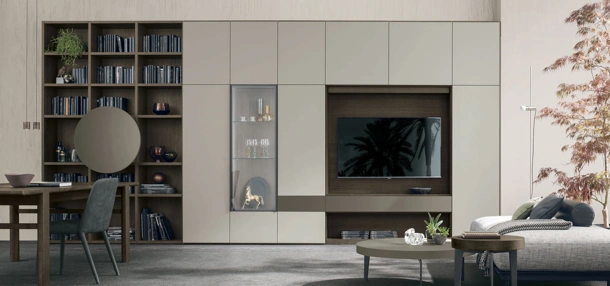 Libreria Atlante UNIT AT210 in materico rovere moka, laccato metallizzato bronzo e materico opaco arena di Tomasella