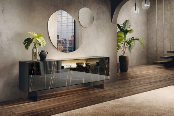 Madia 36e8 Glass 1328 in vetro effetto marmo e vetro fumé grigio di Lago