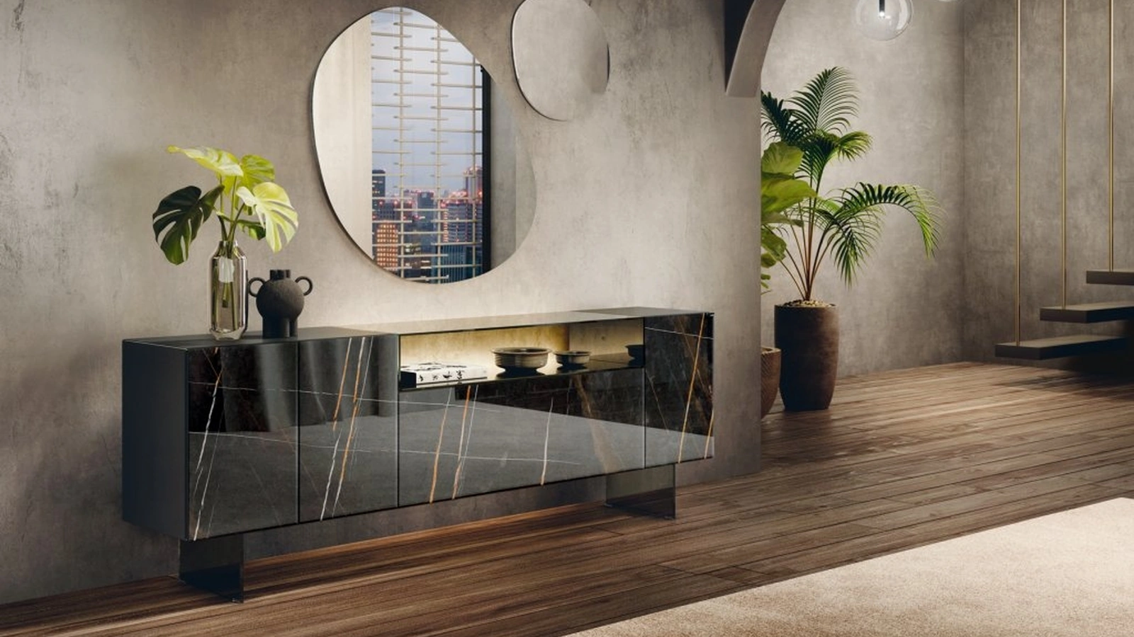 Madia 36e8 Glass 1328 in vetro effetto marmo e vetro fumé grigio di Lago