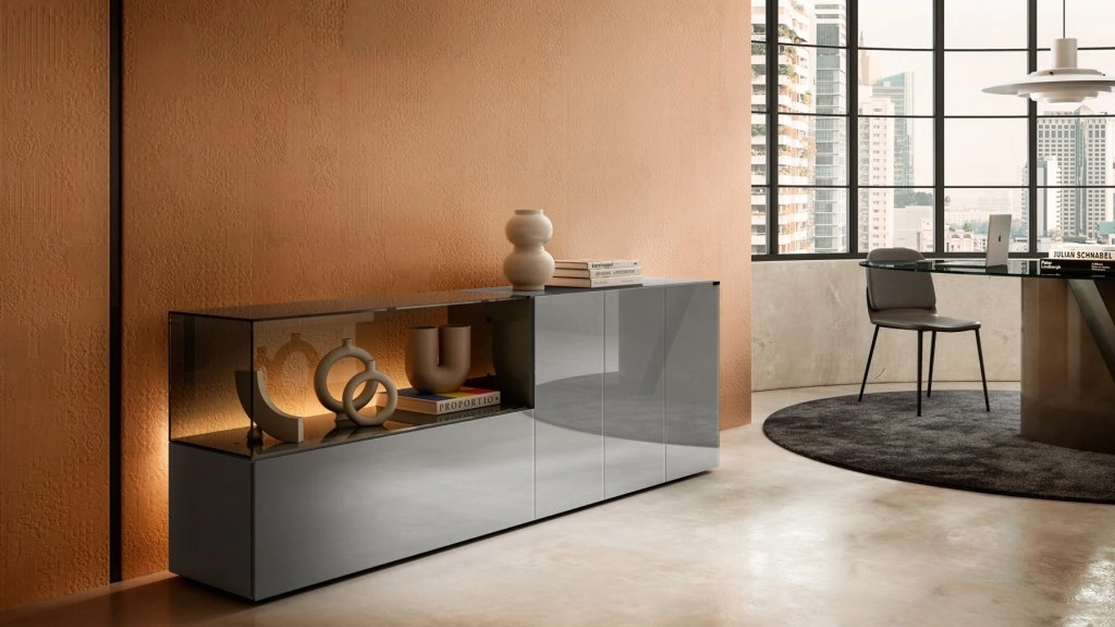 Madia 36e8 Glass 1336 in vetro con grande teca espositiva in vetro trasparente bronzato di Lago