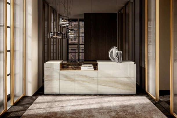 Madia 36e8 Glass 1337 in vetro con finitura marmorea Calacatta Gold di Lago