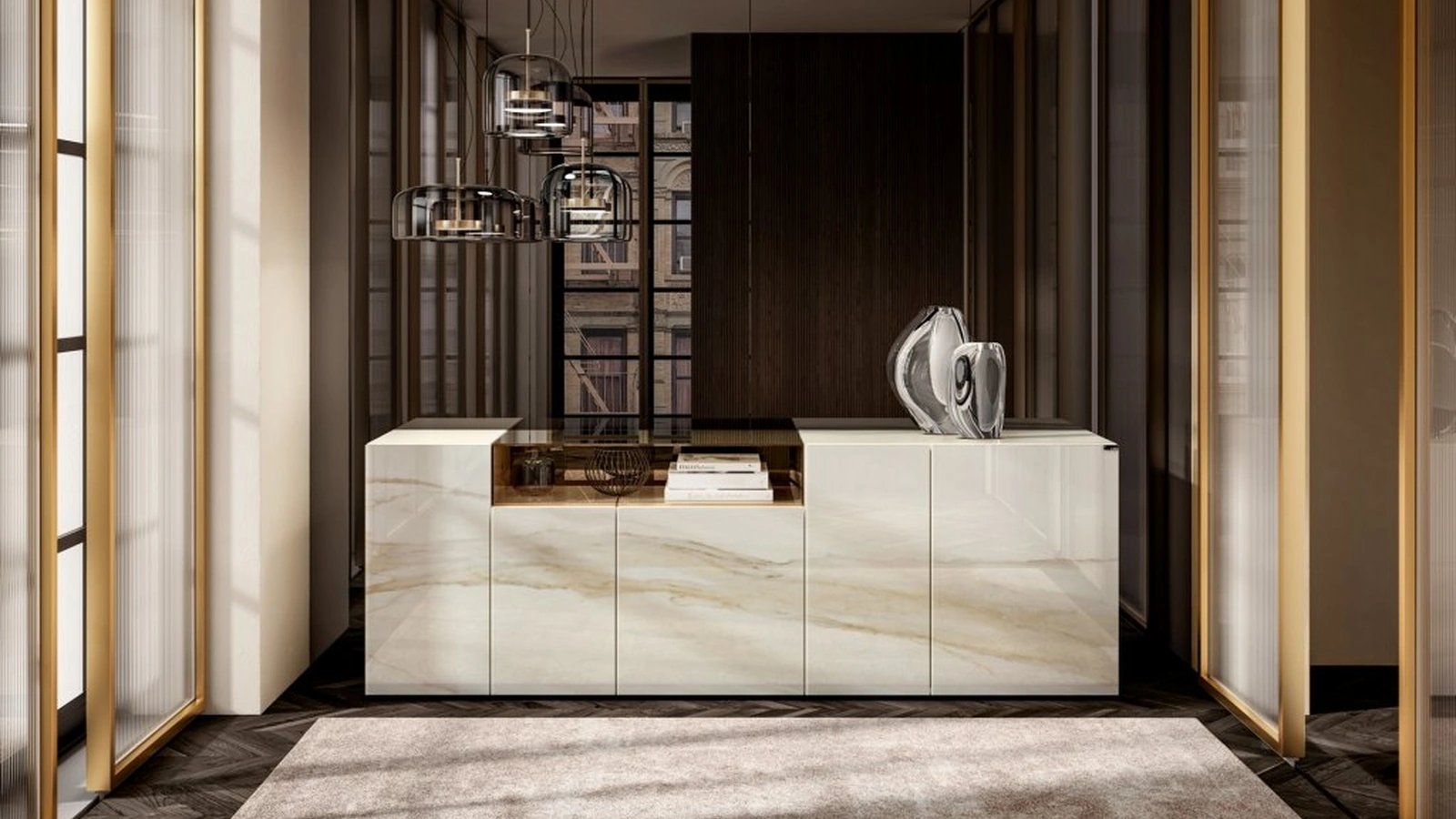 Madia 36e8 Glass 1337 in vetro con finitura marmorea Calacatta Gold di Lago