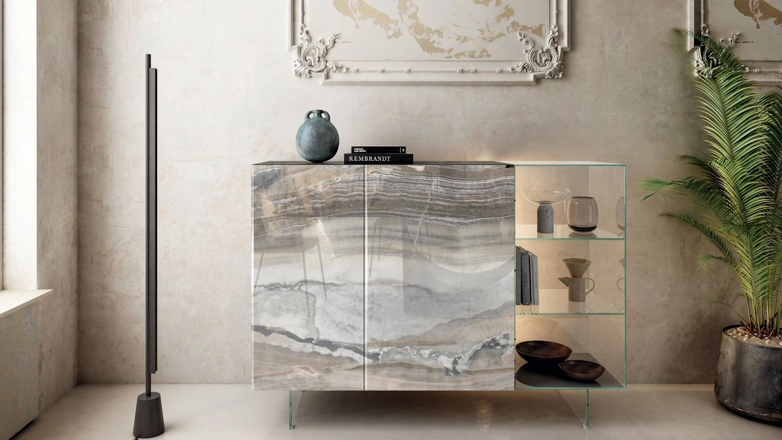 Madia 36e8 Glass 1346 in vetro con ante effetto marmo e teche in vetro extrachiaro di Lago
