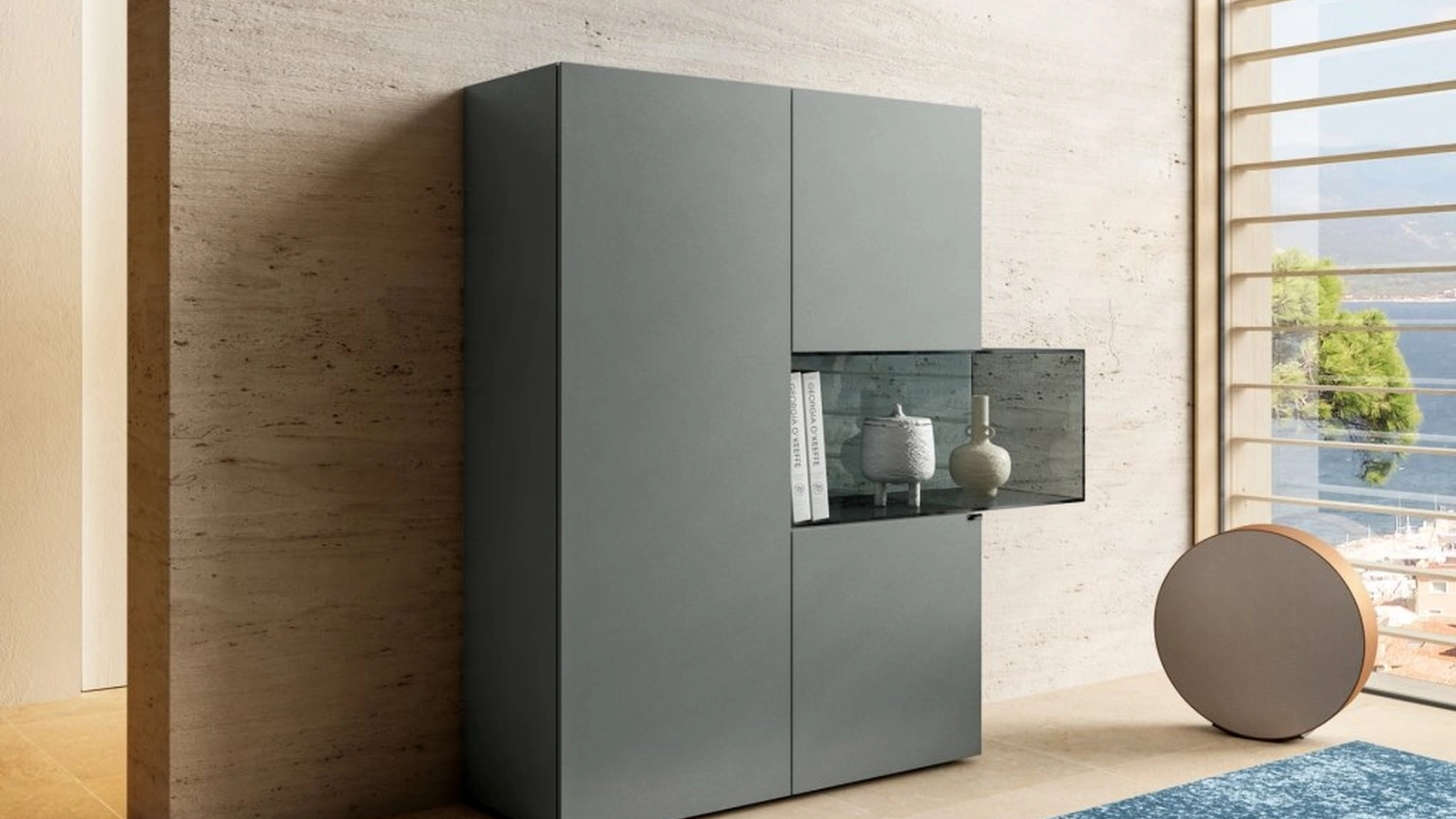 Madia Alta 36e8 Glass 1353 in vetro laccato Grigio opaco con teca espositiva di Lago