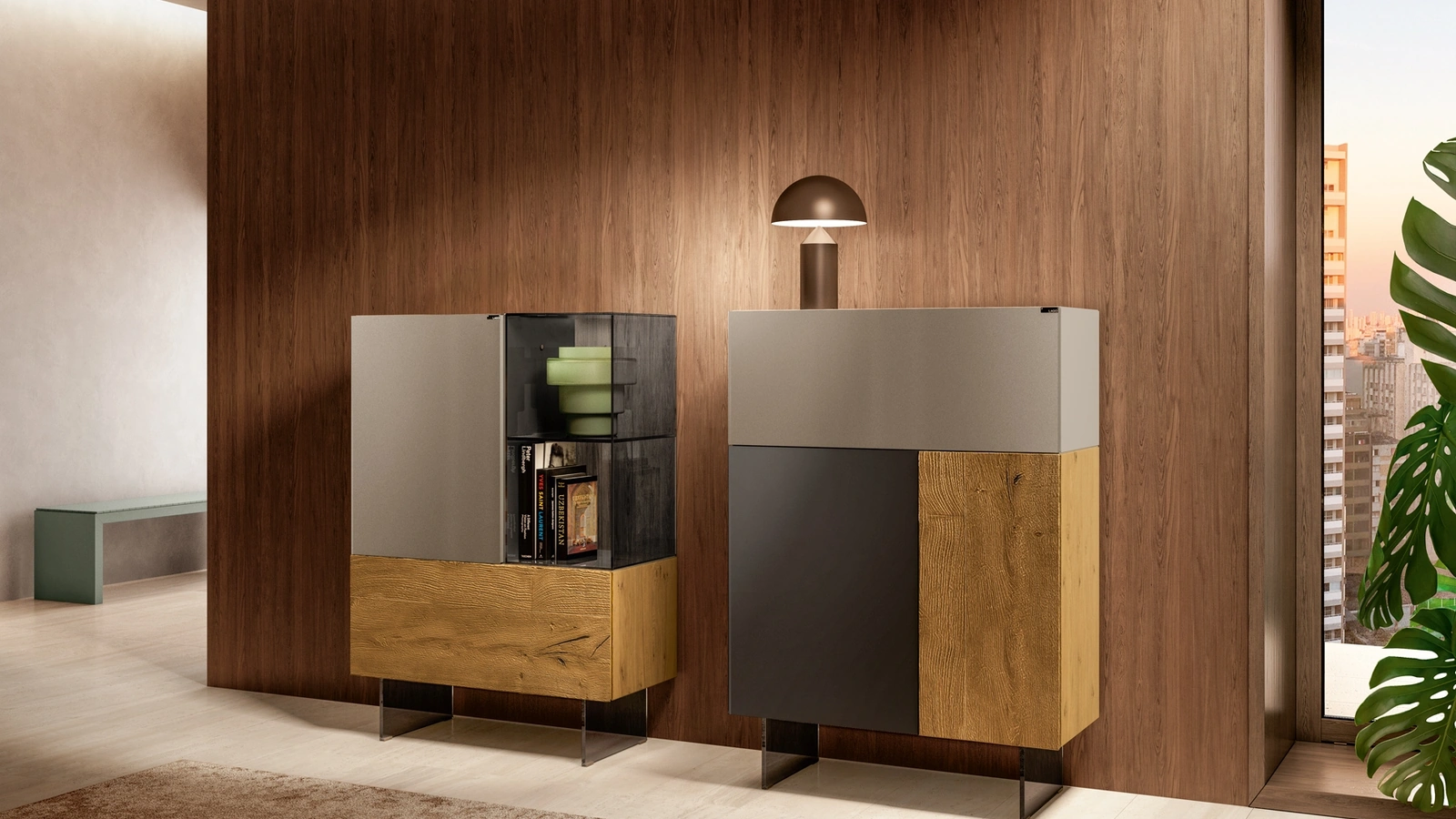 Madia Alta 36e8 Glass 1351 in vetro laccato opaco e fumé e legno di Lago