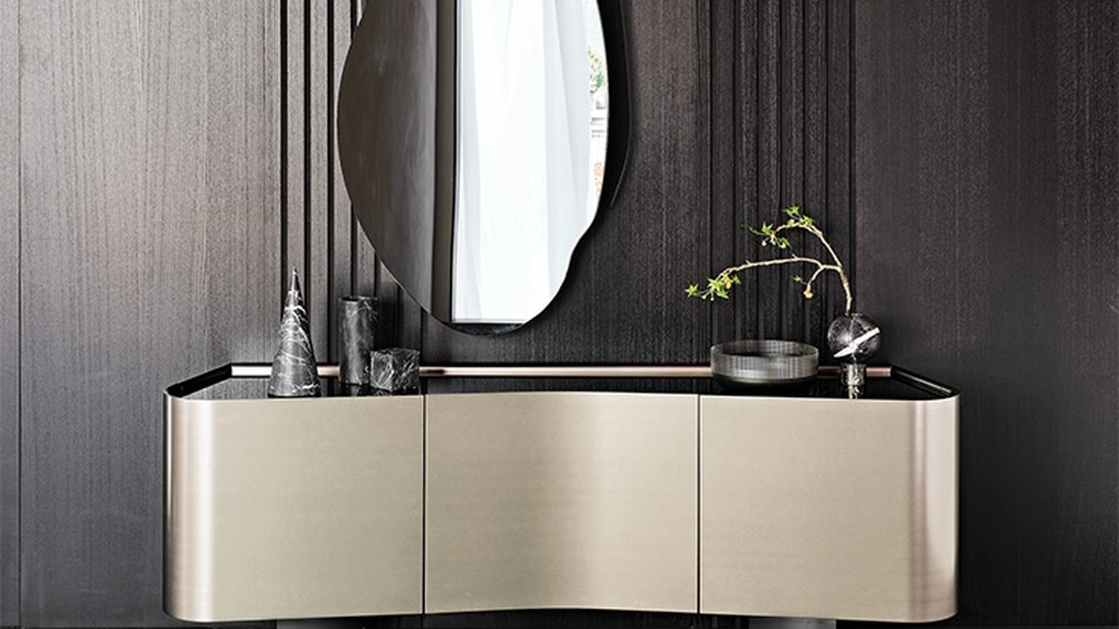 Madia sagomata in legno laccato con top in cristallo specchiato fumè Blues di Cattelan Italia