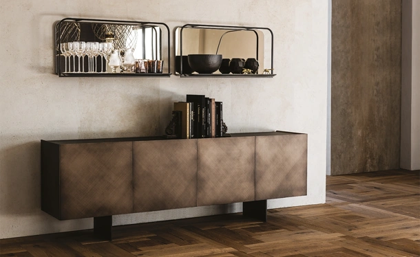 Madia Arizona in legno Brushed Bronze con top in cristallo extrachiaro verniciato moka acidato di Cattelan Italia