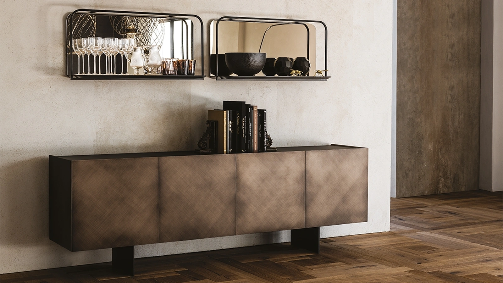 Madia Arizona in legno Brushed Bronze con top in cristallo extrachiaro verniciato moka acidato di Cattelan Italia