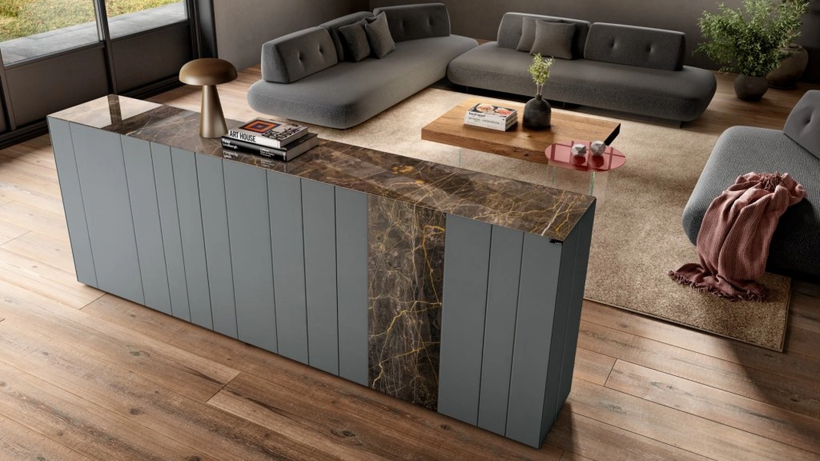 Madia freestanding NOW 1385 in vetro dall'aspetto monolitico di Lago