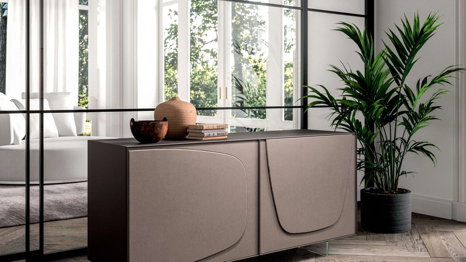 Madia Trilogy Duo a due ante rivestite in pelle Moka di Ozzio
