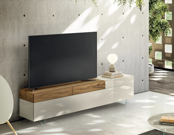 Mobile Porta Tv 36e8 2657 in vetro lucido e legno di Lago