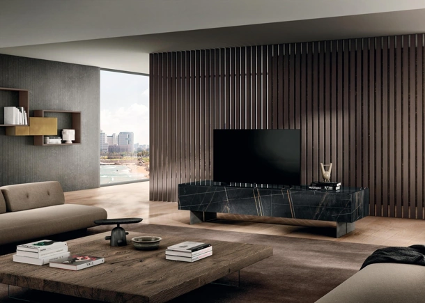 Mobile Porta Tv Materia 1052 in vetro effetto marmo XGlass Sahara Noir sospeso su supporti in metallo di Lago