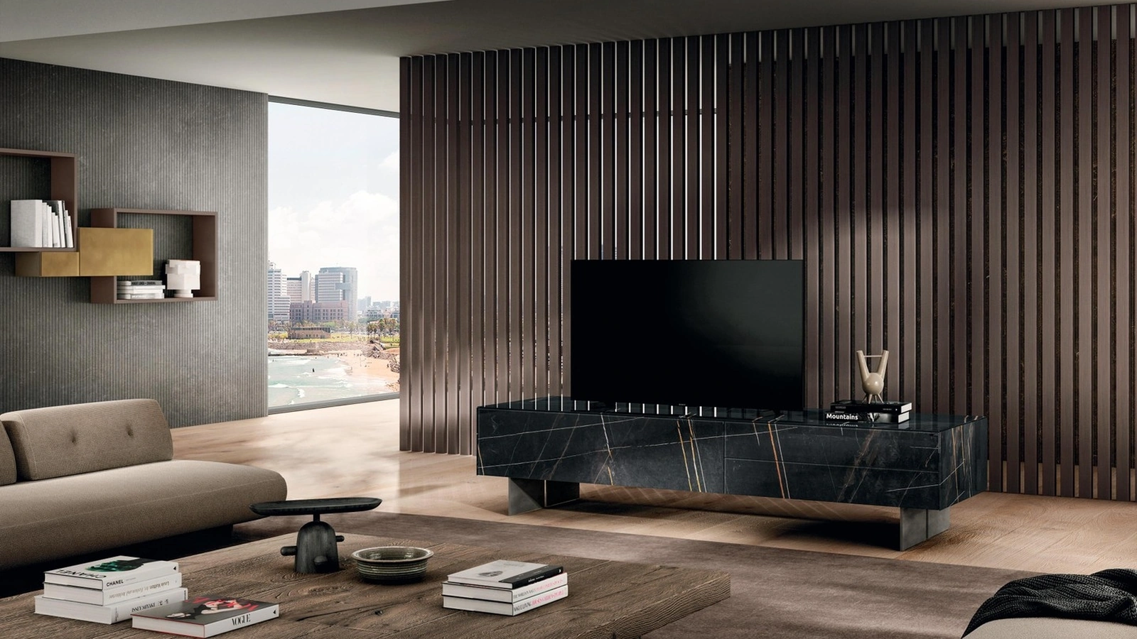 Mobile Porta Tv Materia 1052 in vetro effetto marmo XGlass Sahara Noir sospeso su supporti in metallo di Lago