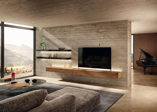 Parete Attrezzata in legno con mensole in vetro Dub 36e8 1400 di Lago