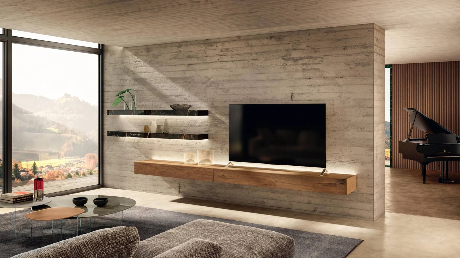 Parete Attrezzata in legno con mensole in vetro Dub 36e8 1400 di Lago