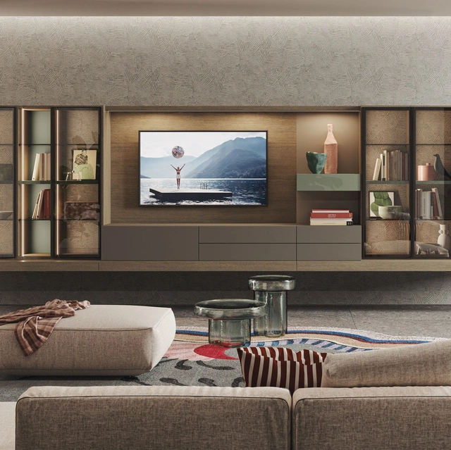 Parete Attrezzata sospesa in Rovere, laccato e vetro Live 05 di Morassutti