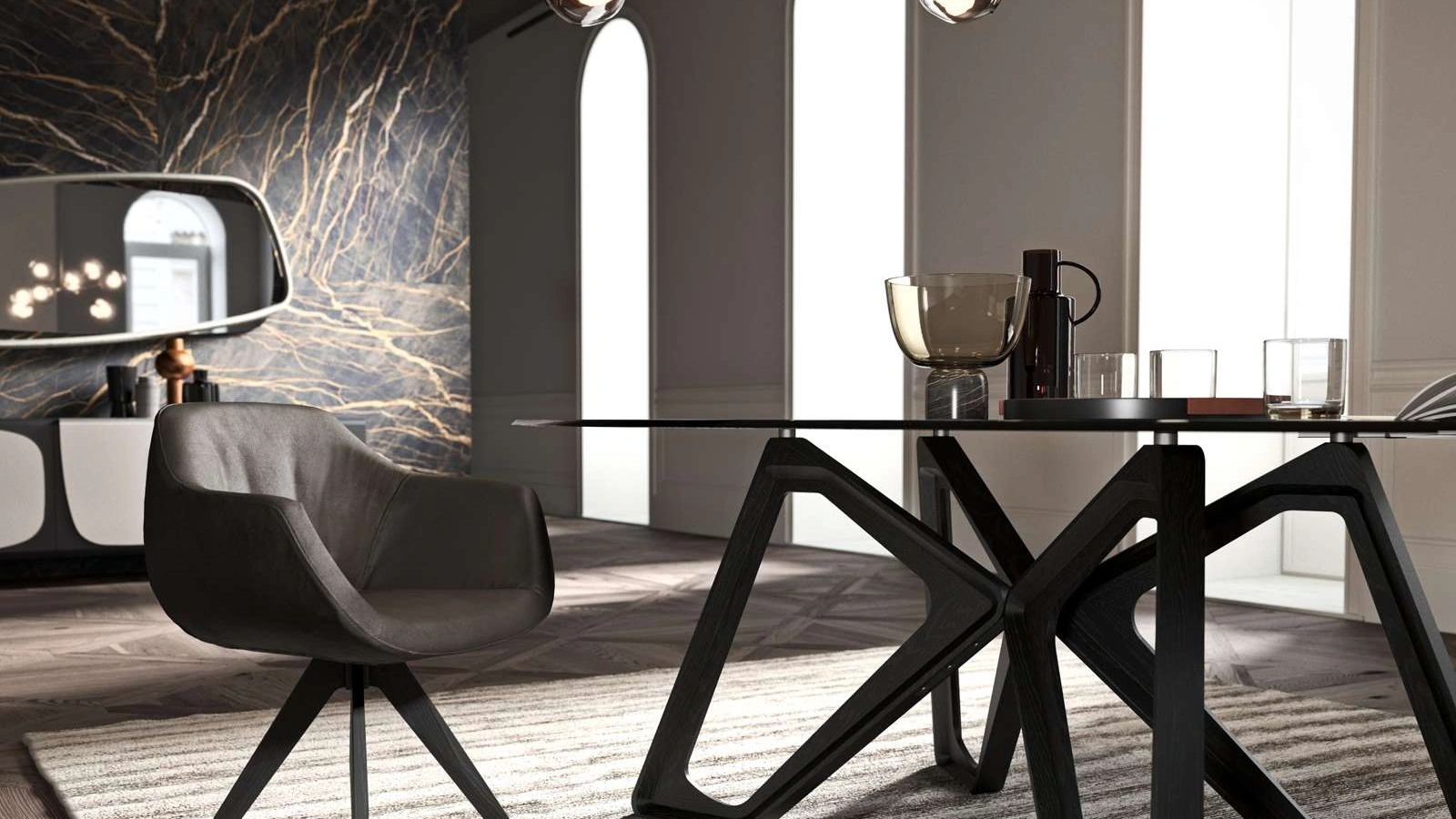 Sedia moderna con braccioli rivestita in pelle con base in legno Delia di Ozzio