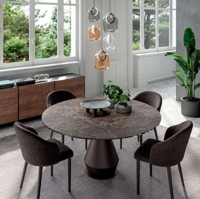 Tavolo rotondo Lycos Fisso in Ceramica Emperador con base in metallo di Ozzio