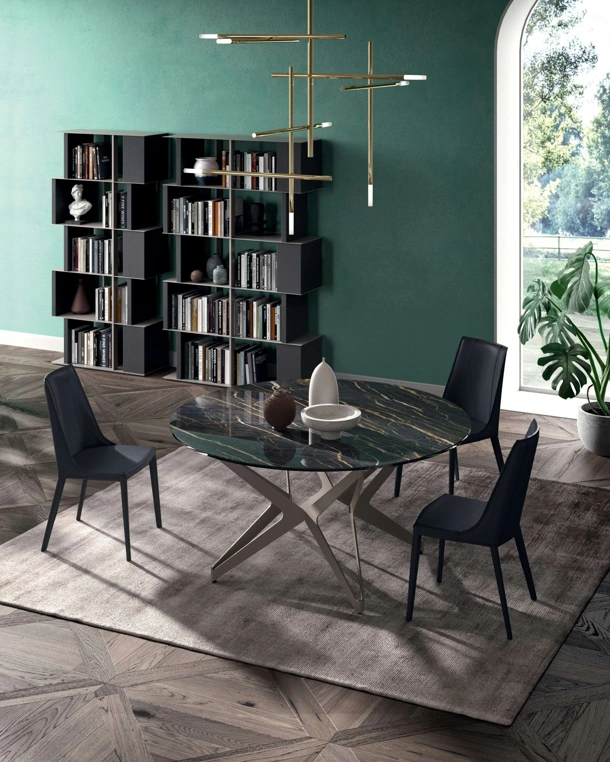 Tavolo Big Round Fisso in ceramica Noir Desir con base in metallo di Ozzio