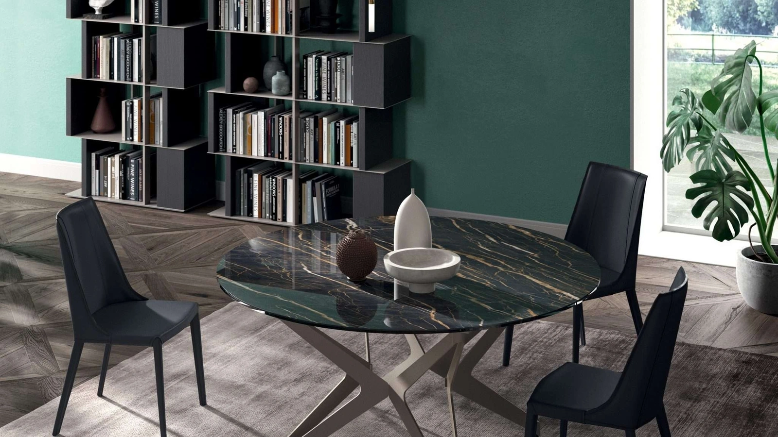 Tavolo Big Round Fisso in ceramica Noir Desir con base in metallo di Ozzio