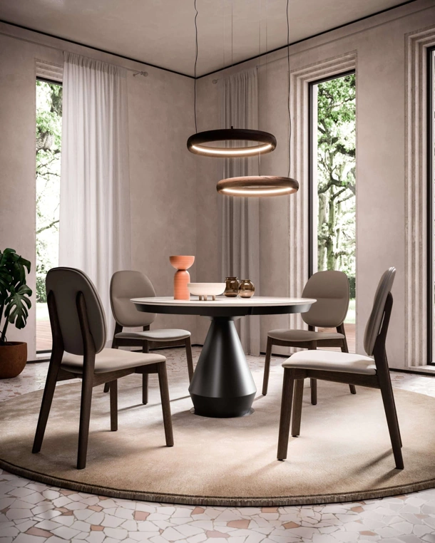 Tavolo allungabile Lycos con top in Marble Glass Calacatta Gold lucido e base in metallo verniciato Bronzo di Ozzio