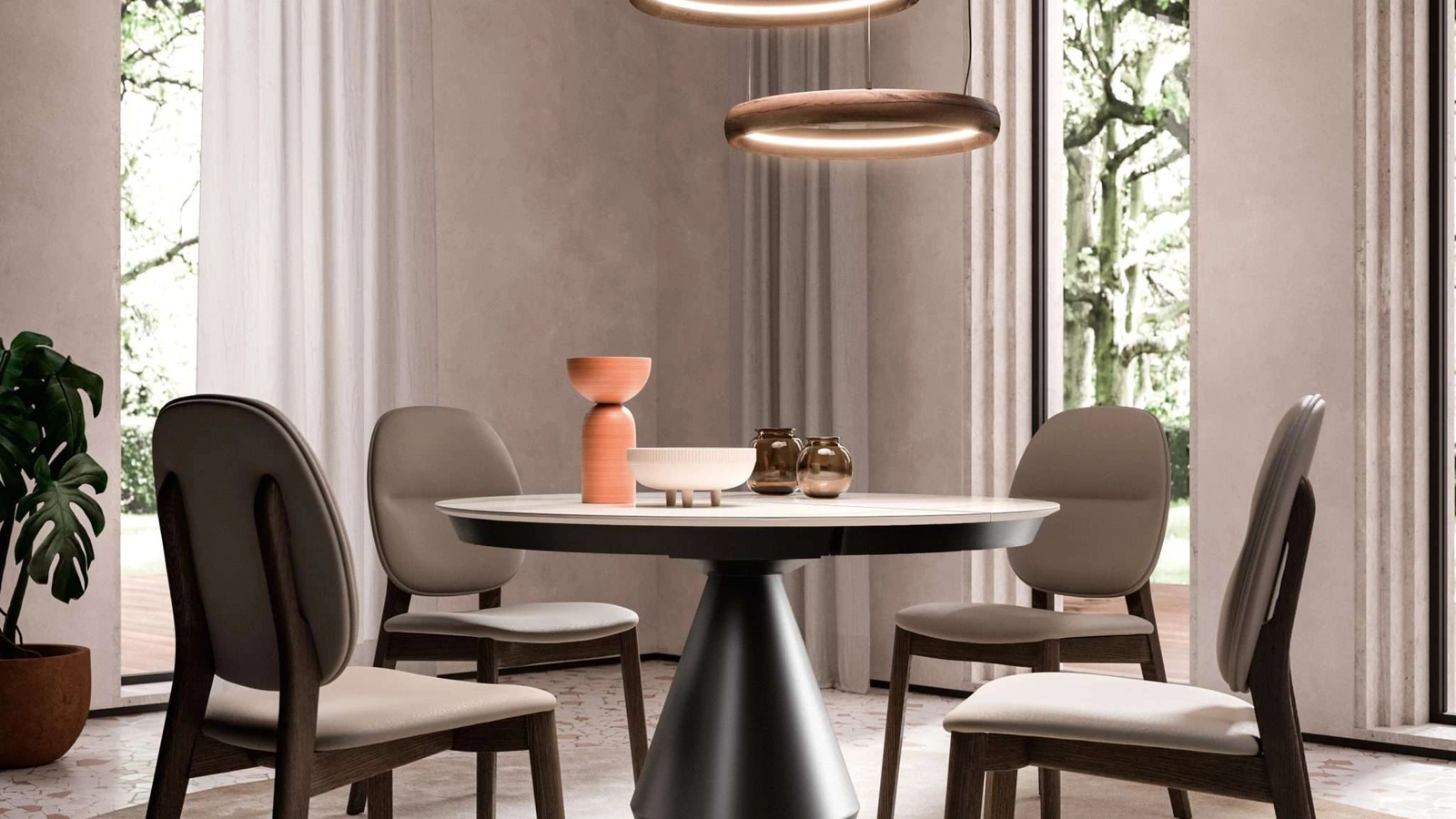 Tavolo allungabile Lycos con top in Marble Glass Calacatta Gold lucido e base in metallo verniciato Bronzo di Ozzio