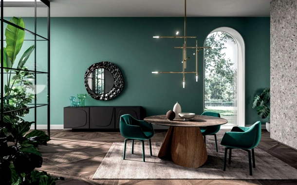Tavolo rotondo Veliero Fisso in Ceramica Emperador e base in legno di Rovere di Ozzio