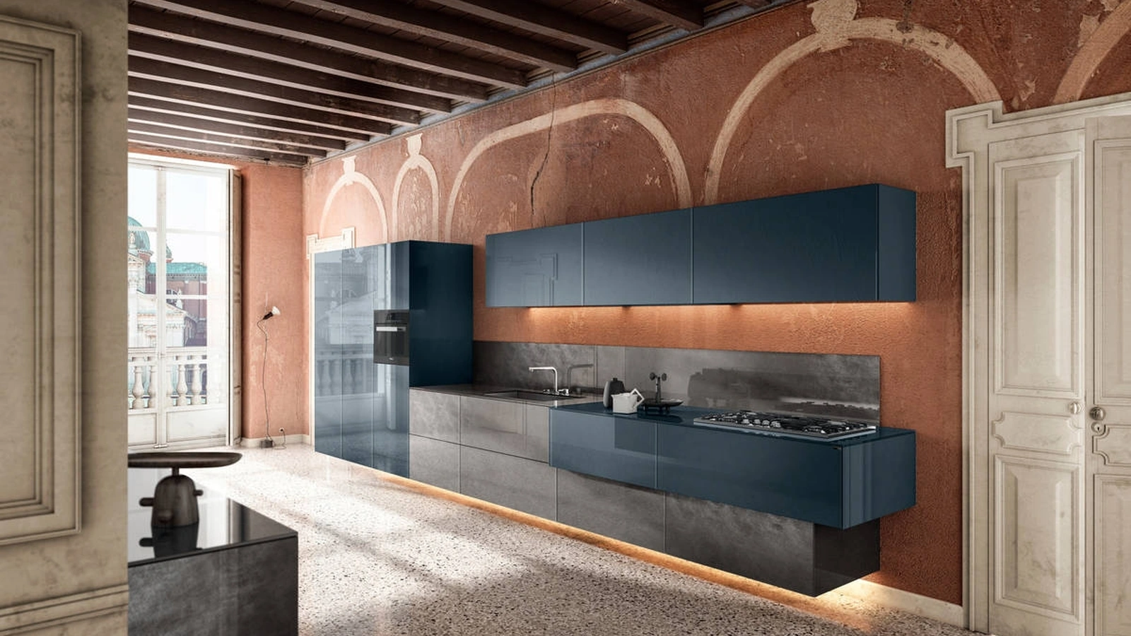 Cucina Design lineare sospesa 36e8 Metal XGlass Project 1093 di Lago