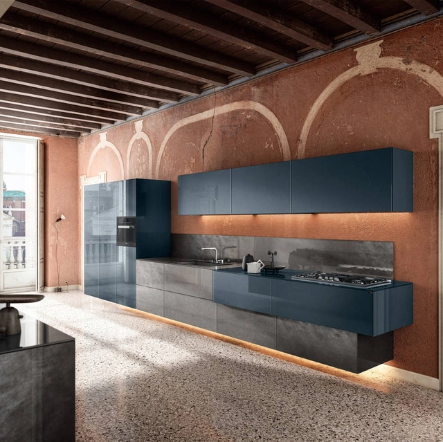 Cucina Design lineare sospesa 36e8 Metal XGlass Project 1093 di Lago