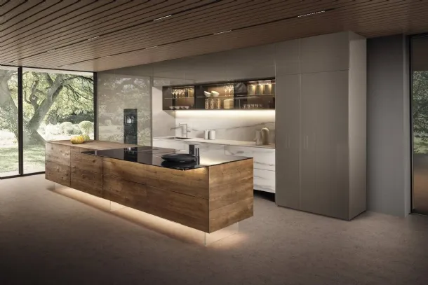 Cucina Design con isola 36e8 Project 2811 in legno e vetro di Lago