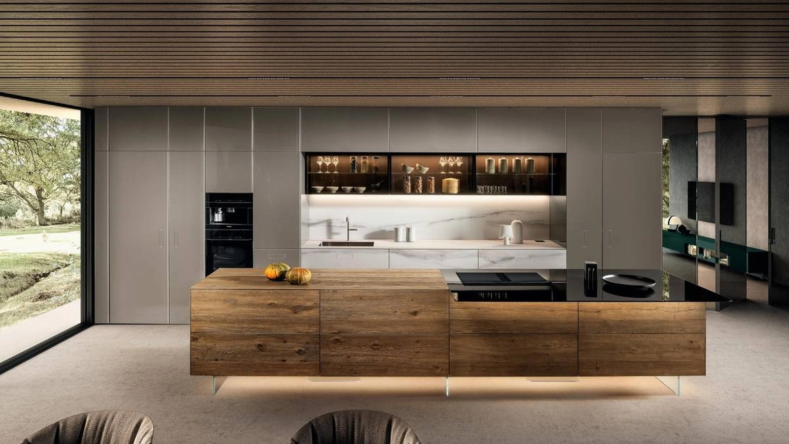 Cucina Design con isola 36e8 Project 2811 in legno e vetro di Lago